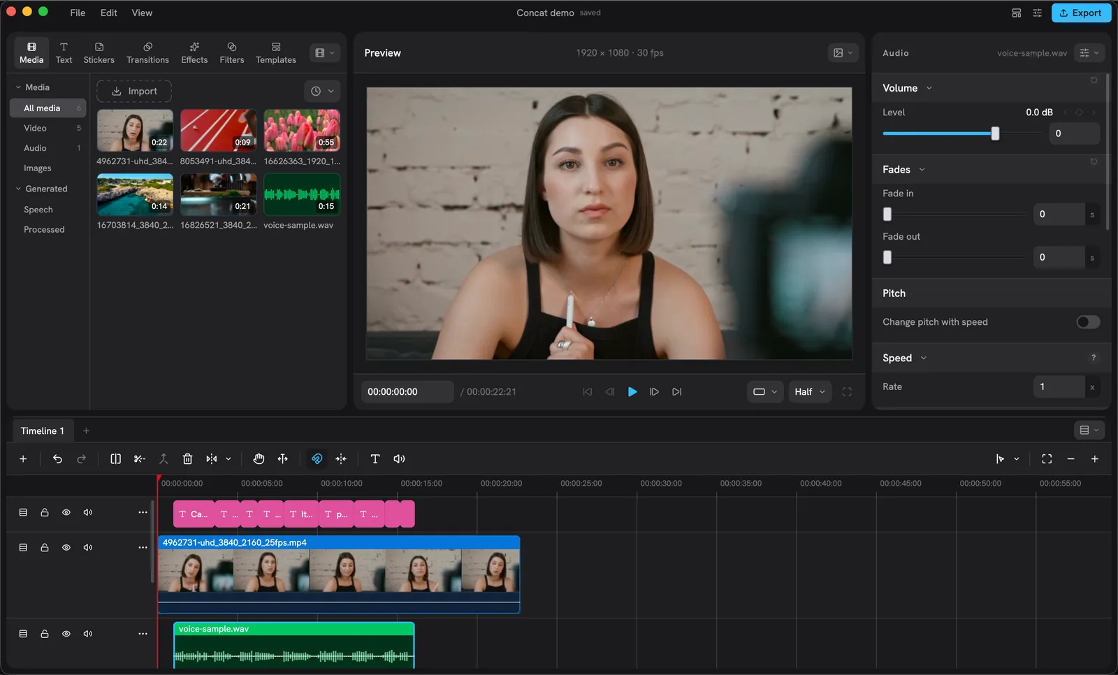 The timeline after captioning: a new lane of pink title clips above the video, timed to the voice clip below
