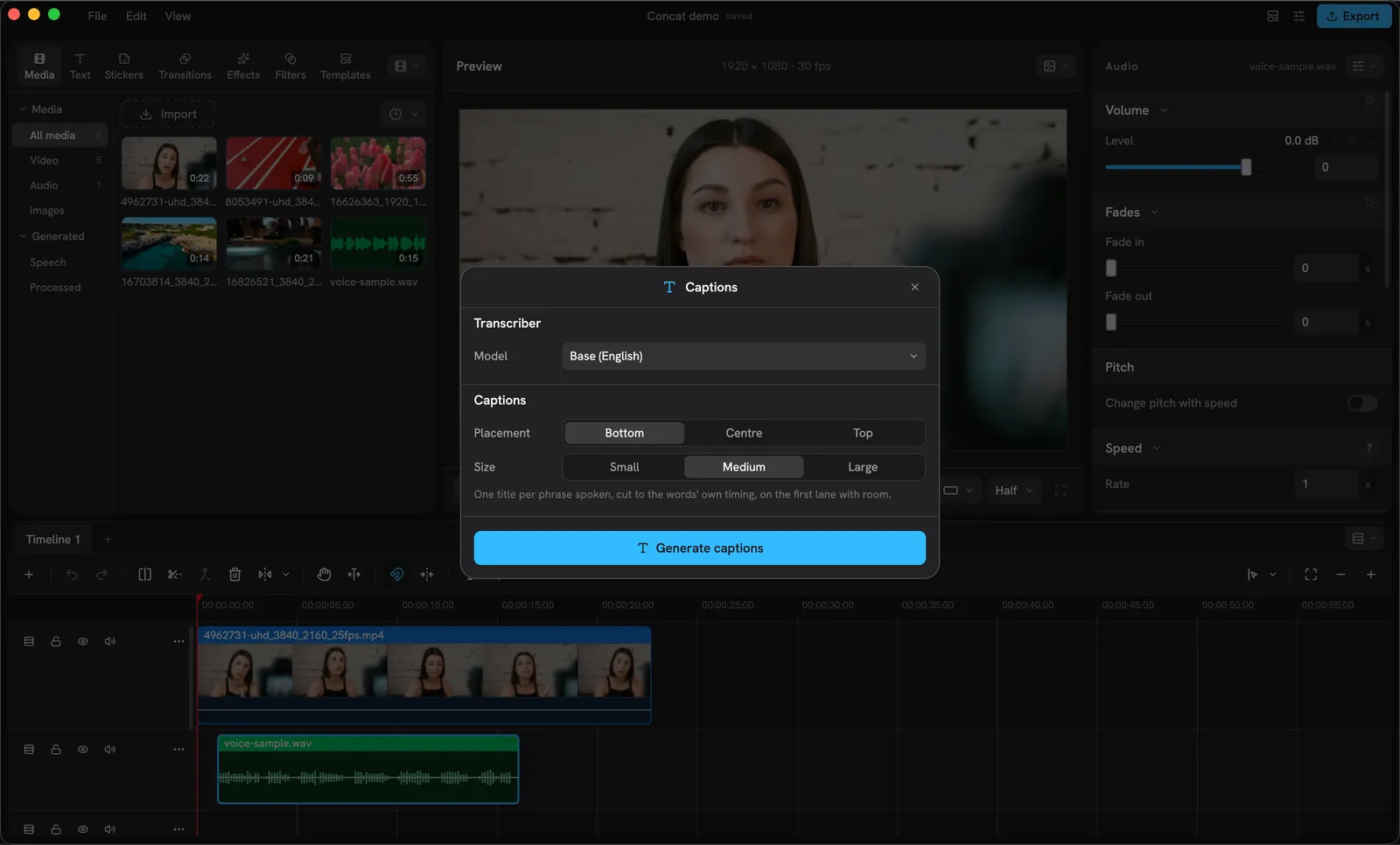 The Captions sheet: a Transcriber section with a Model picker set to Base (English), a Captions section with Placement and Size, and a Generate captions button