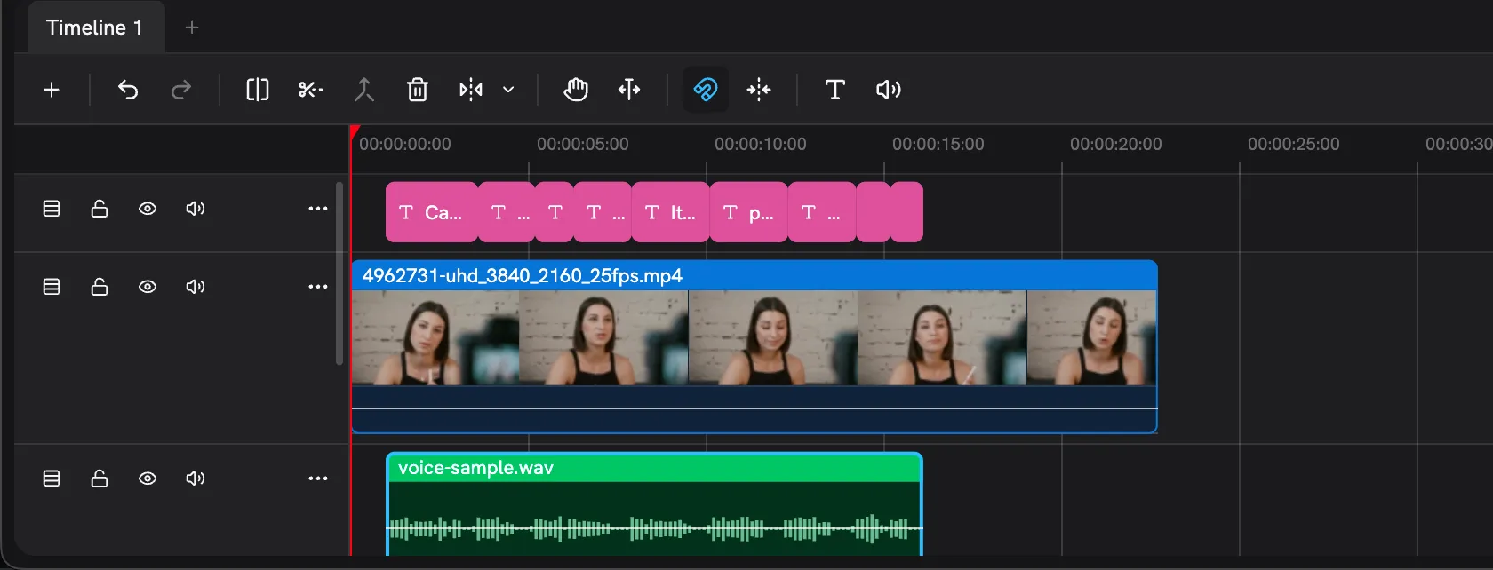 The timeline with a lane of generated captions above the video and the voice clip