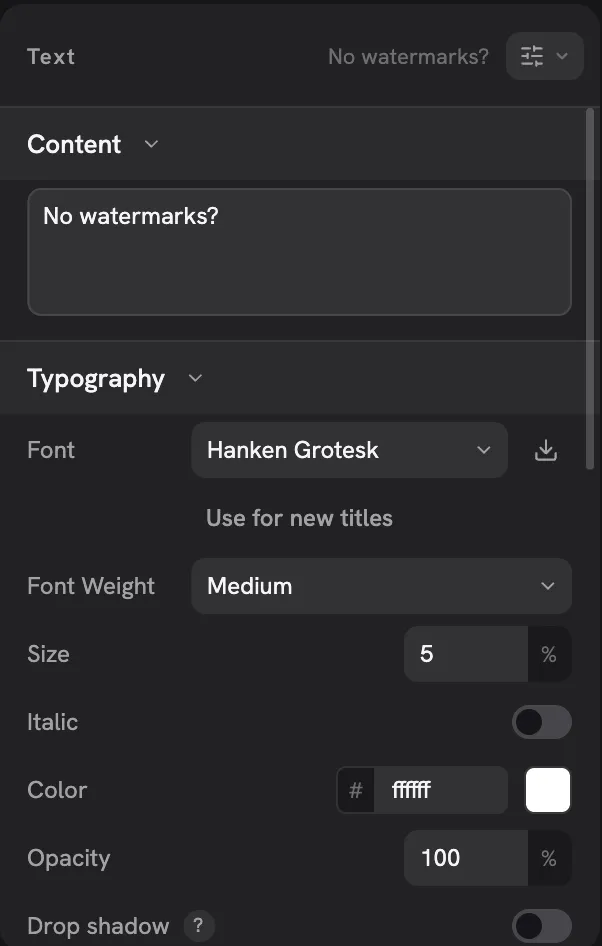 The Text inspector with font, weight, size, colour, shadow and background settings