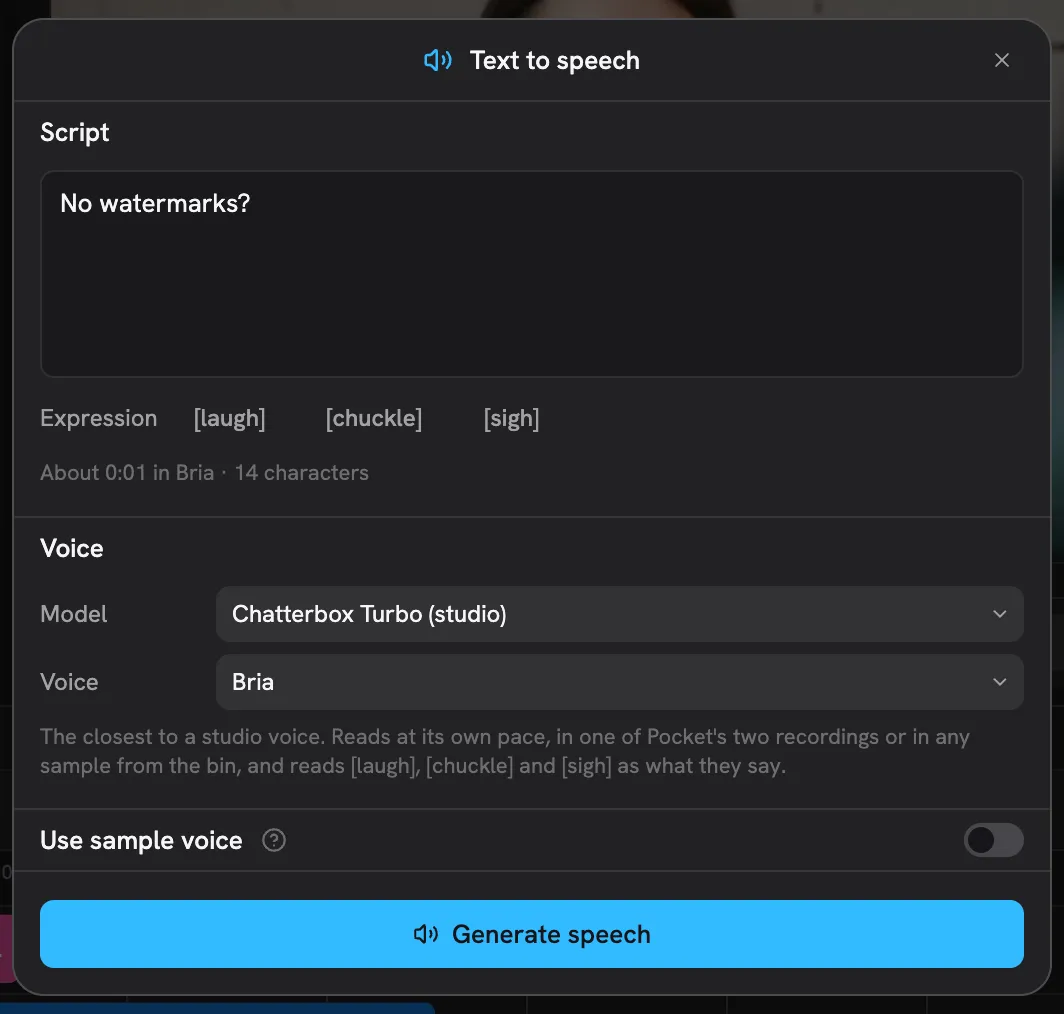 The Text to speech sheet with a script, the model and voice pickers and the Generate speech button