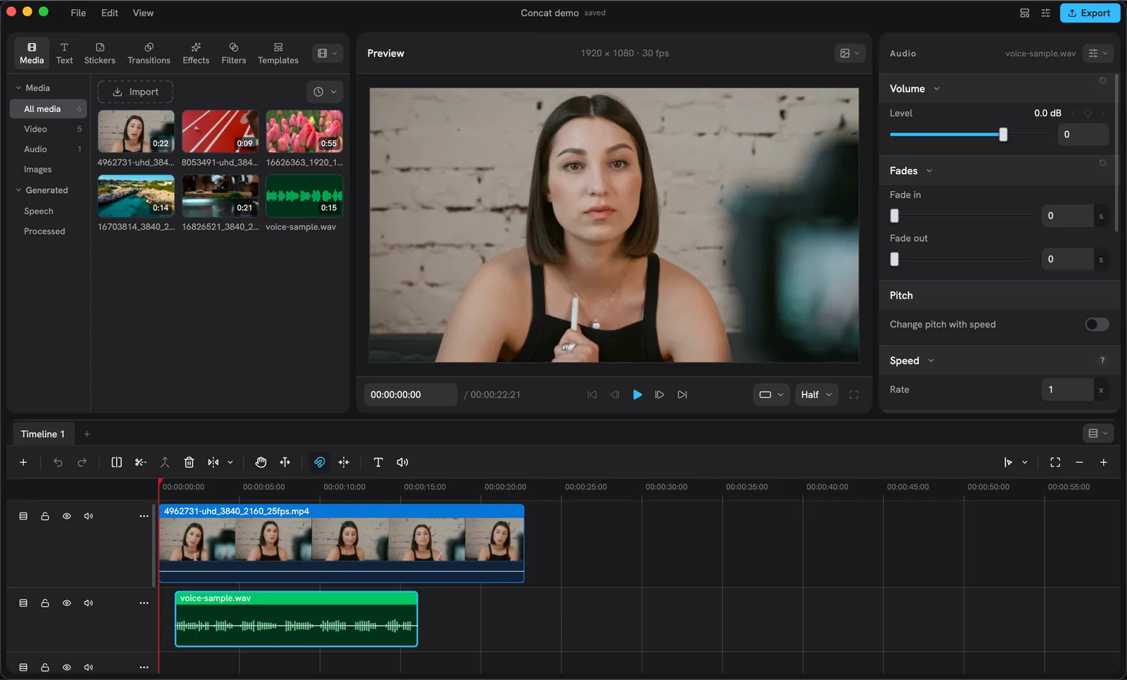 The Inspector's Audio tab for an audio clip: Volume with a Level slider, Fades, Pitch and Speed sections