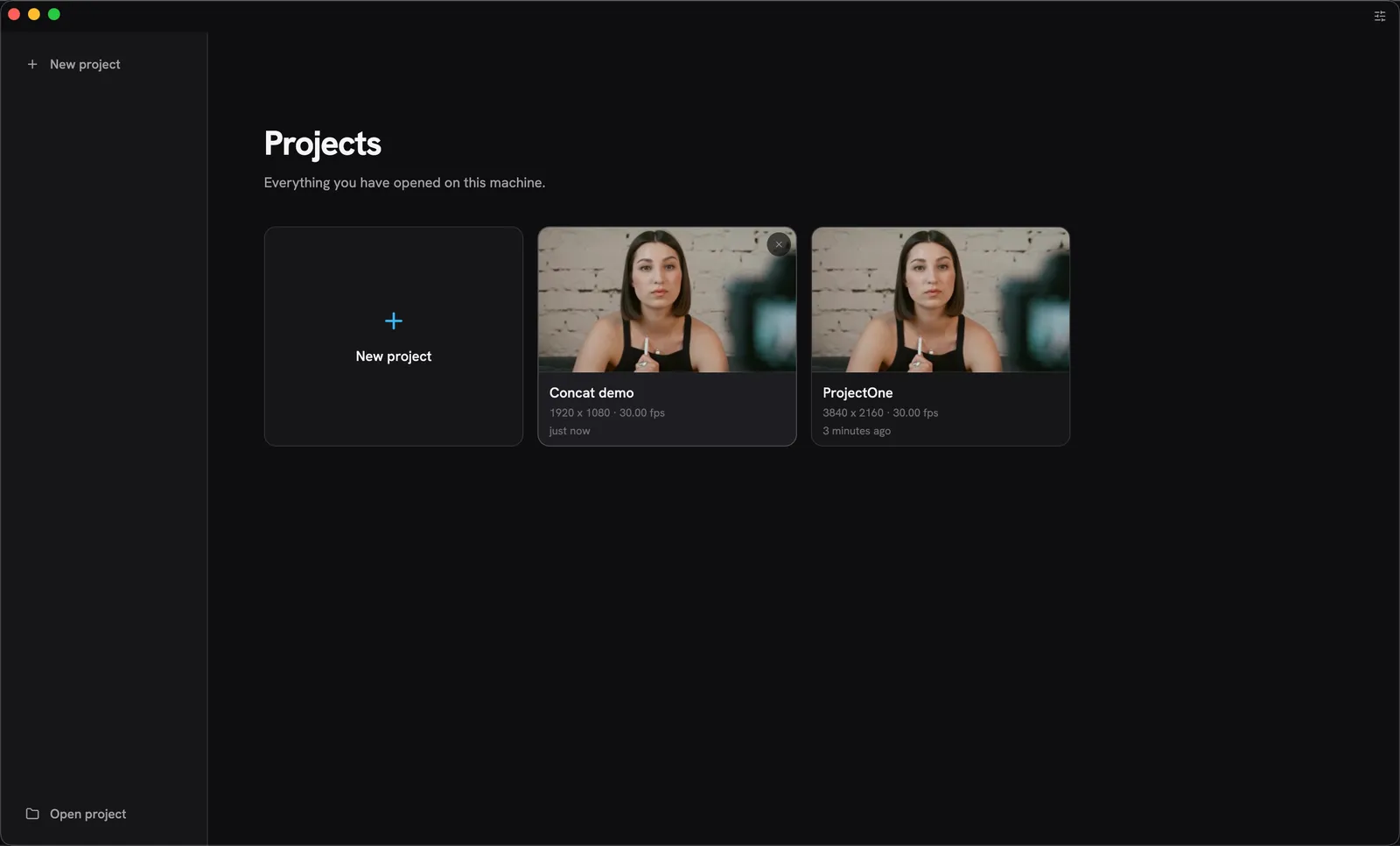 The Concat start screen: a New project button on the left rail, a Projects grid with a New project card and the recent projects