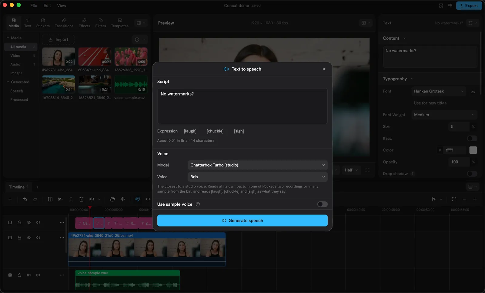 The Text to speech sheet: a Script box, Expression tags, a Voice section with Model set to Chatterbox Turbo and Voice set to Bria, a Use sample voice switch and a Generate speech button